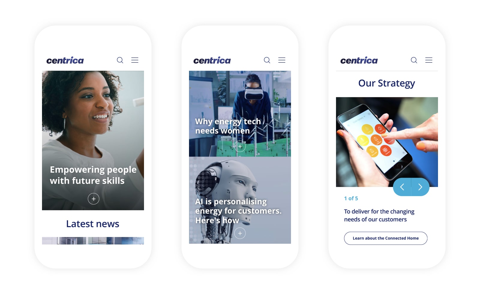 3 mobile designs of the new Centrica website